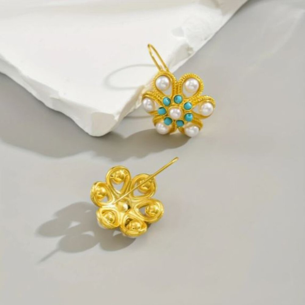 NEW Petra 18K Gold Plated Imperial Pearl and Turquoise Ornate Drop Earrings - Picture 3 of 4